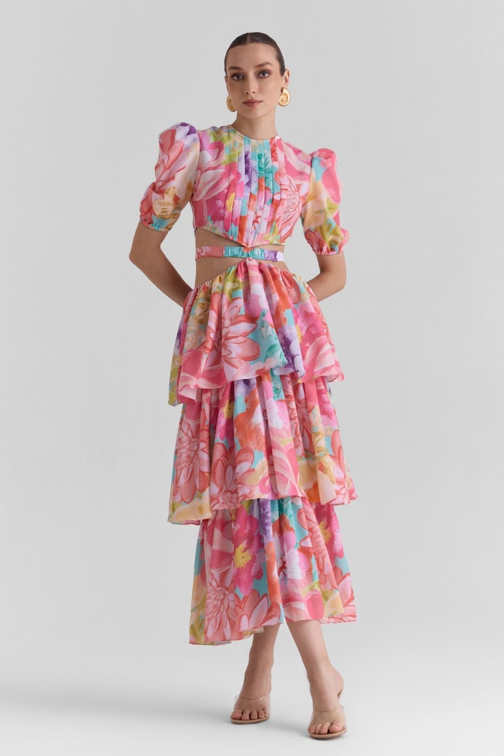 amour ruffle midi dress Amour Print Cut Out Midi Dress – Zabella