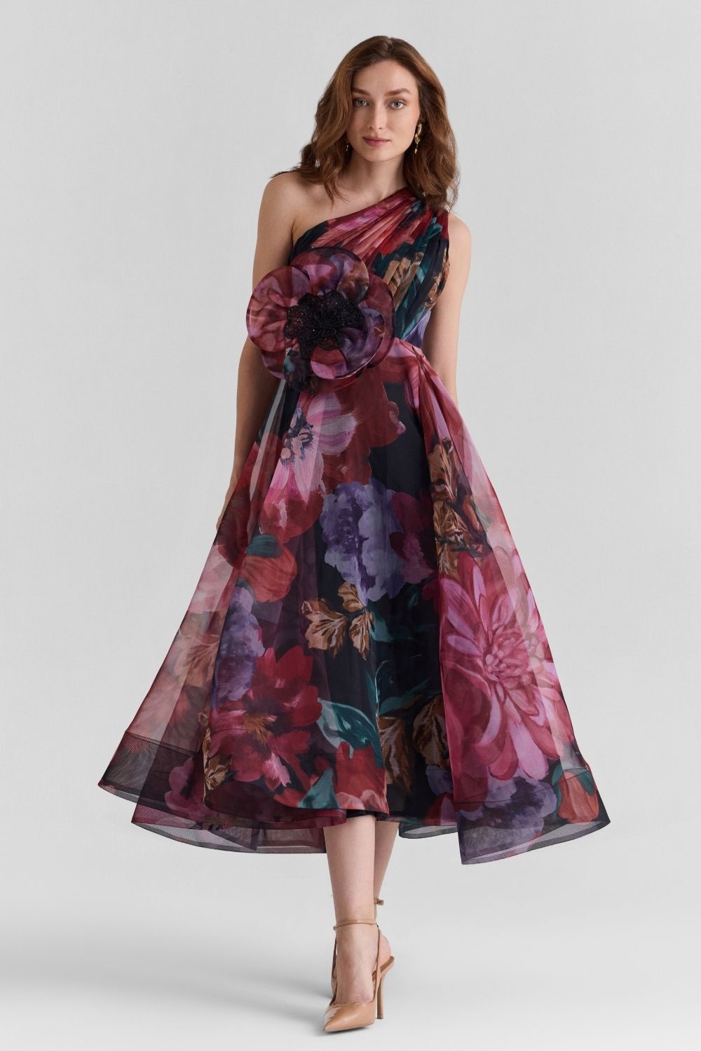midi organza dress for women Flutter Print Organza Midi Dress