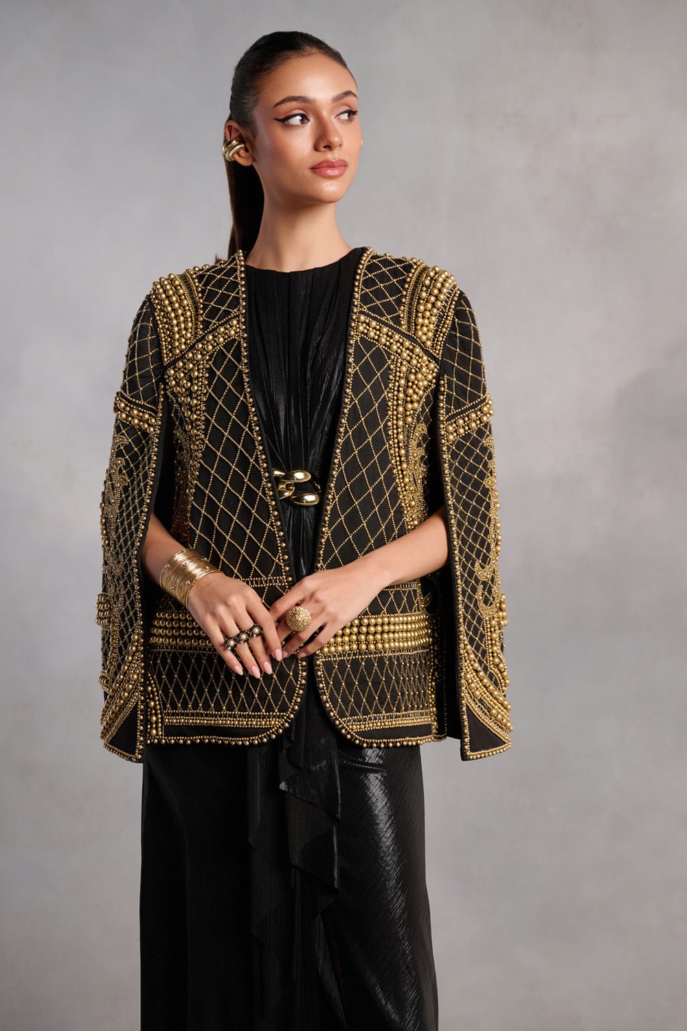 Natalie Black and Gold Pearl Cape Jacket - Main Image