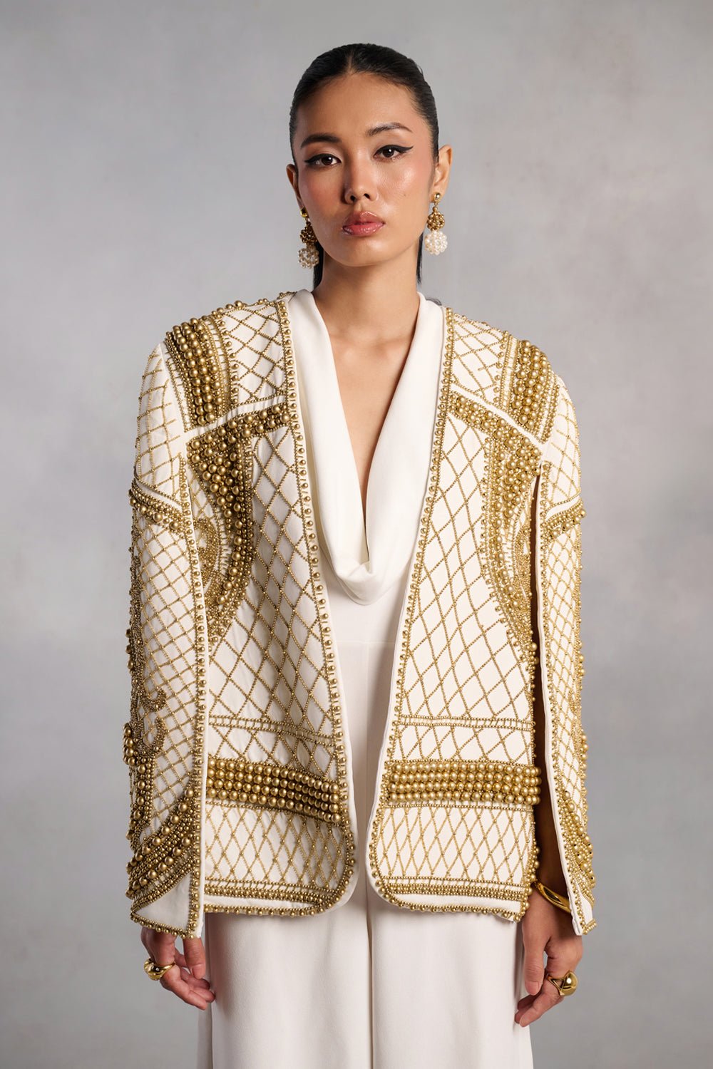 Victoria White and Gold Pearl Cape Jacket – Zabella