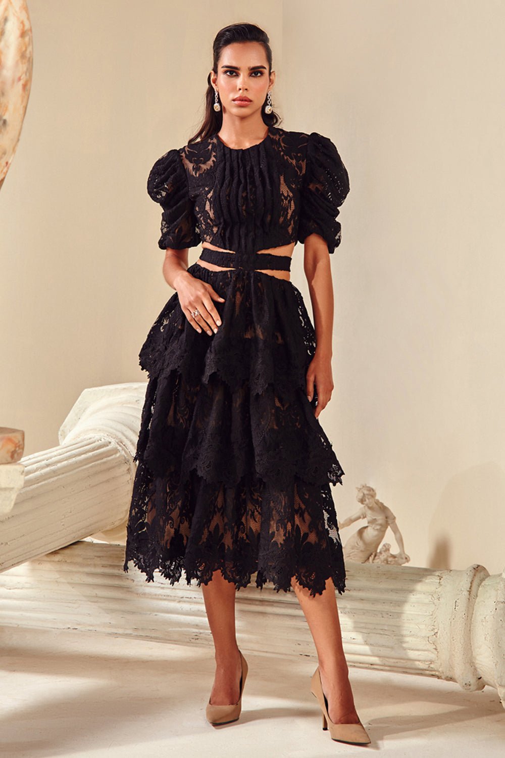 Black Textured Cut Out Midi Dress Black Textured Cut Out Midi Dress