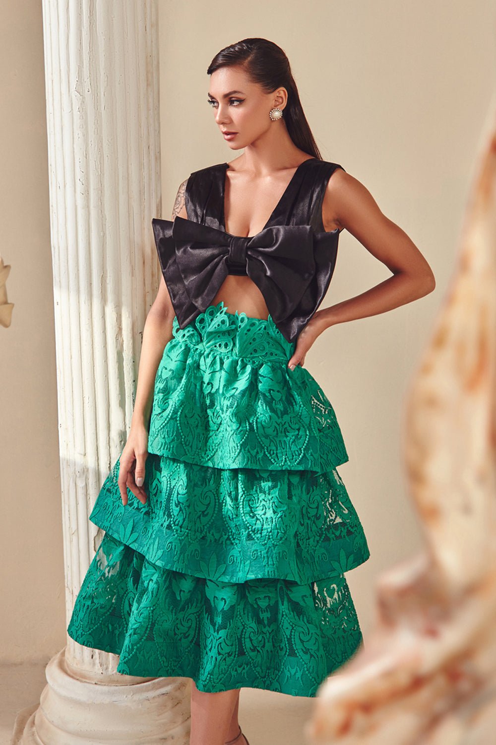 Green Textured Layered Skirt Zabella
