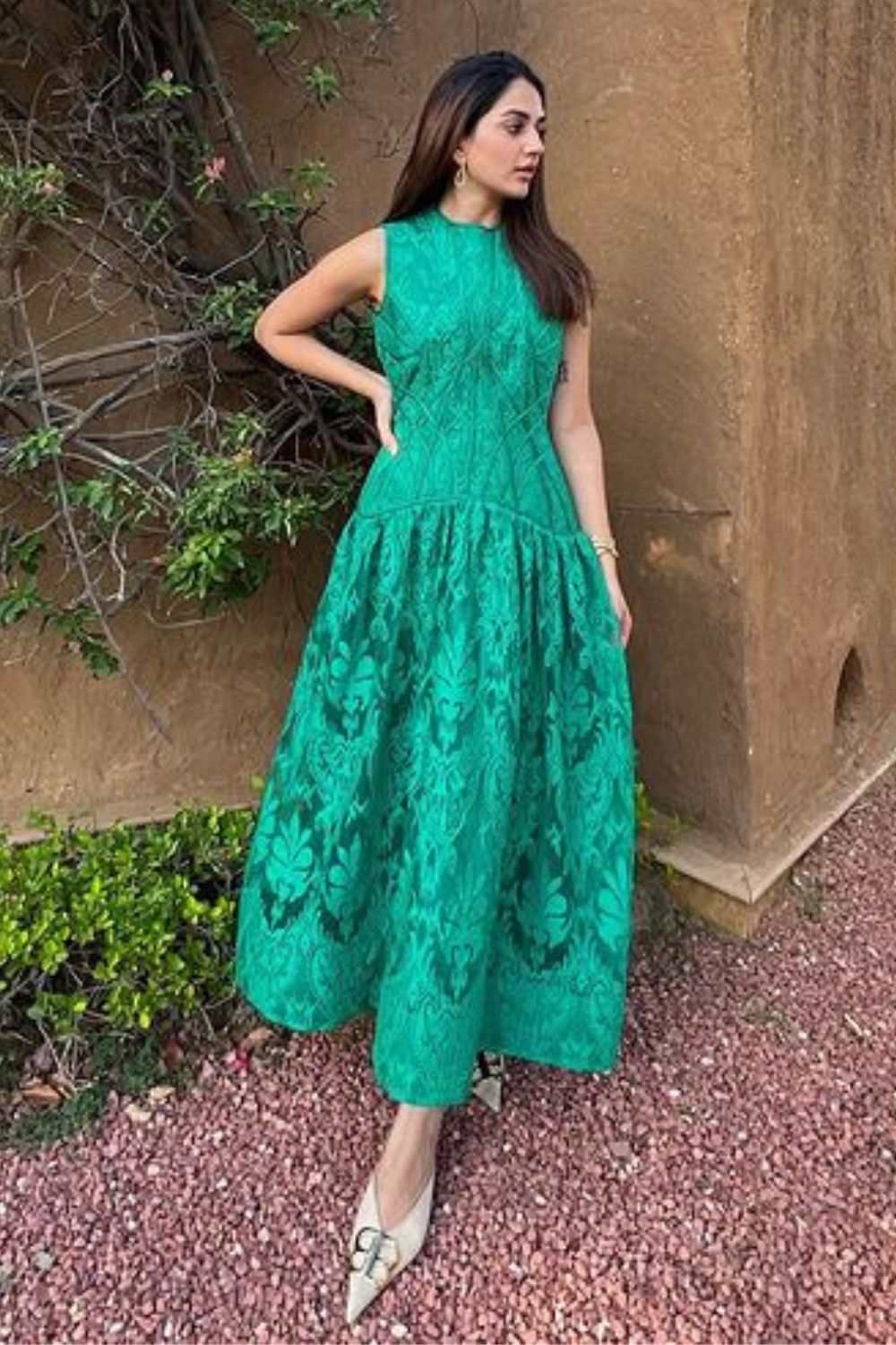 Karma Dhingra In Our Forest Green Textured Midi Dress Zabella Karma Dhingra In Our Forest Green Textured Midi Dress Zabella