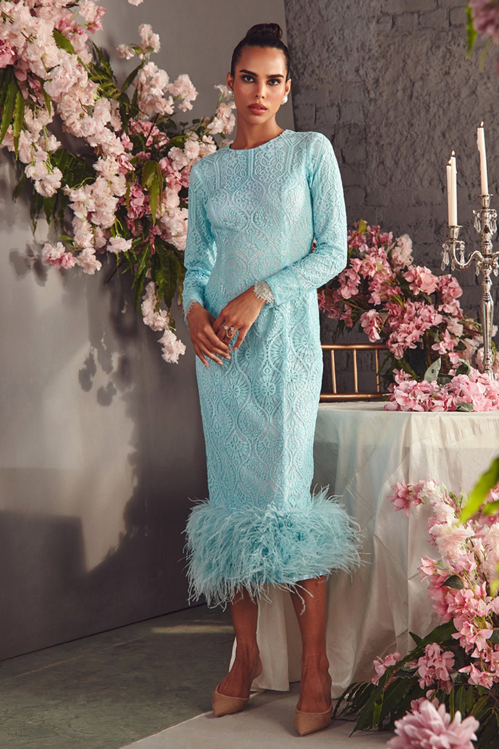 Powder Blue Lace And Feather Midi Dress