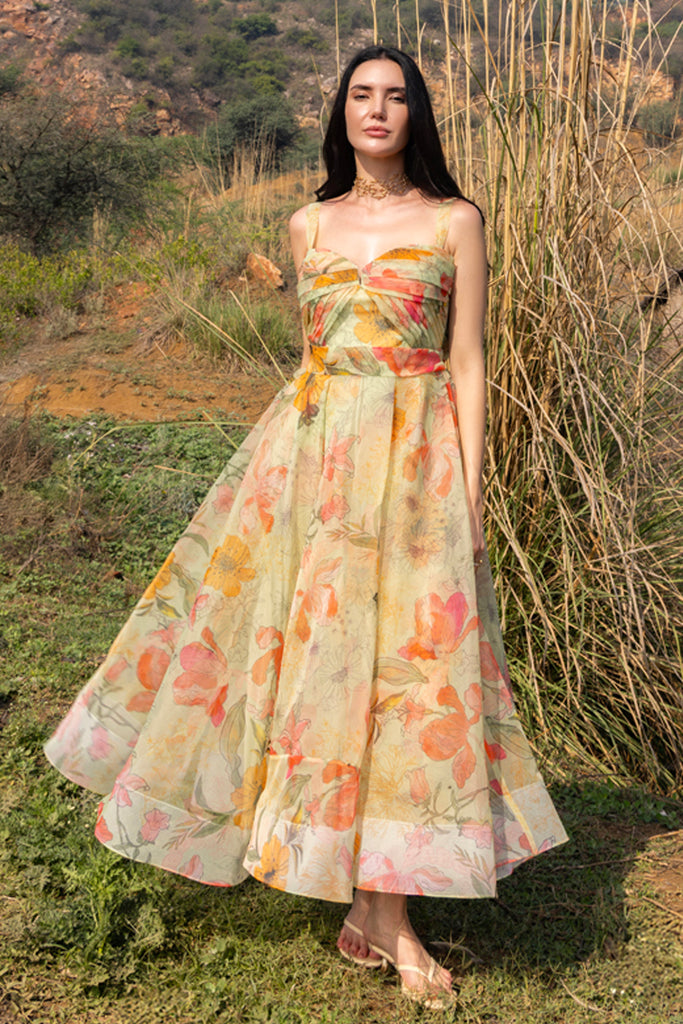 organza dress collection T262065X Dreamy Pink Flora Organza A-line Gown with Sweetheart Cat Eye Neckline and Dramatic Slit