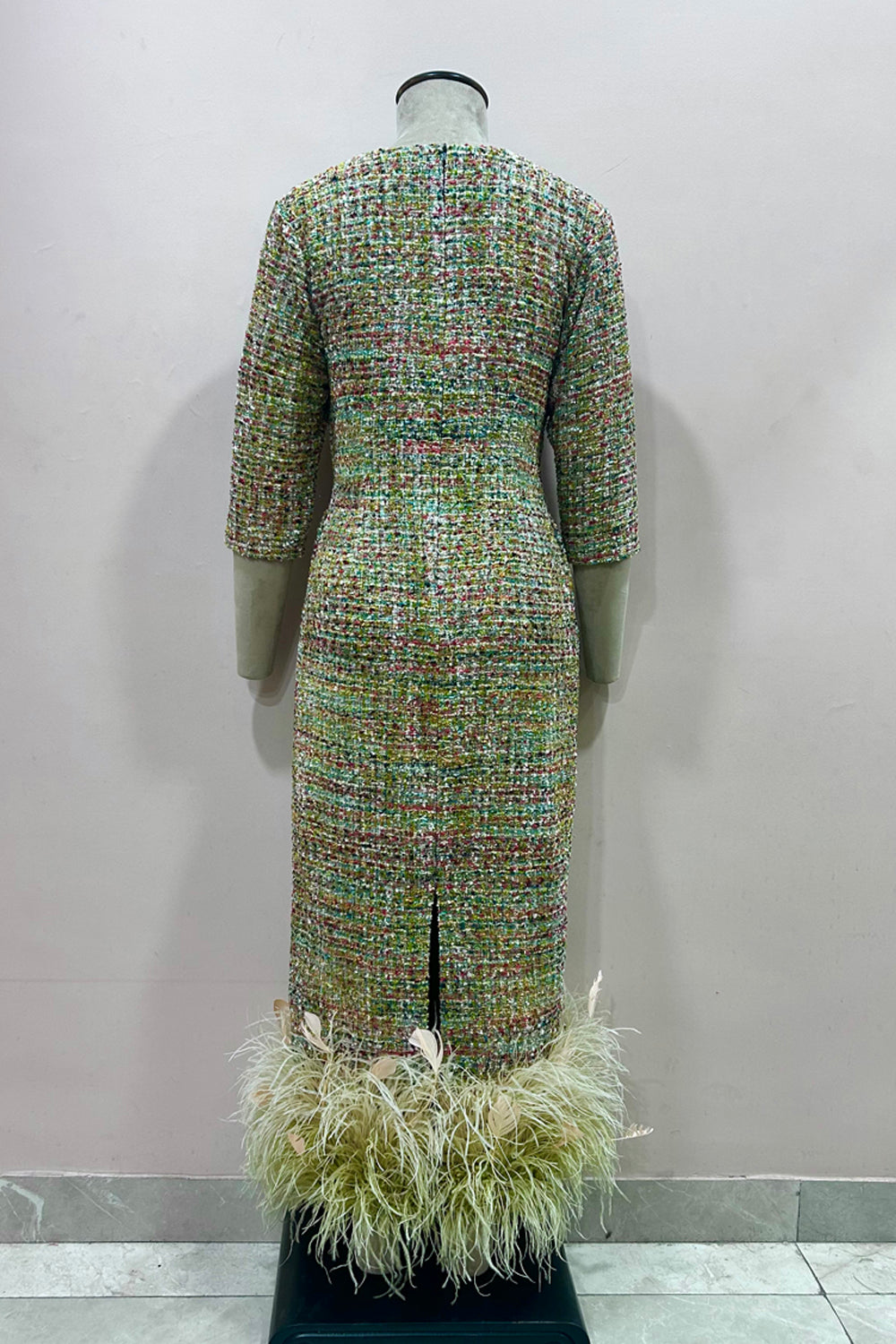 Tweed Midi With Sleeve and Feathers