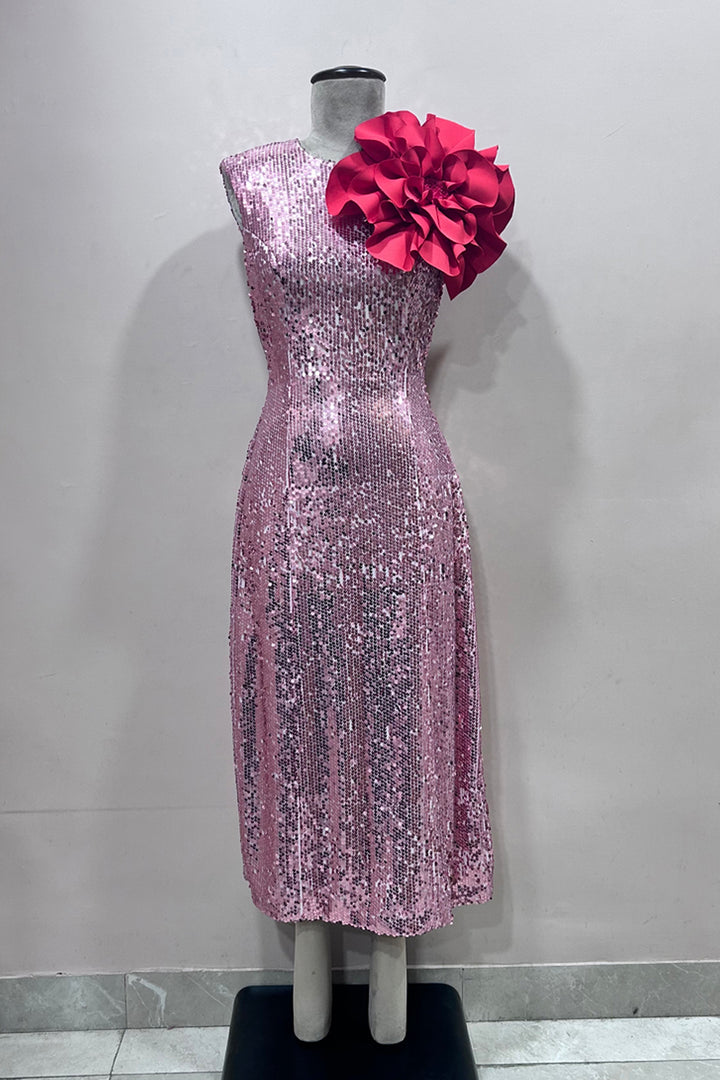 Pink Sequin Midi Dress with 3D flower