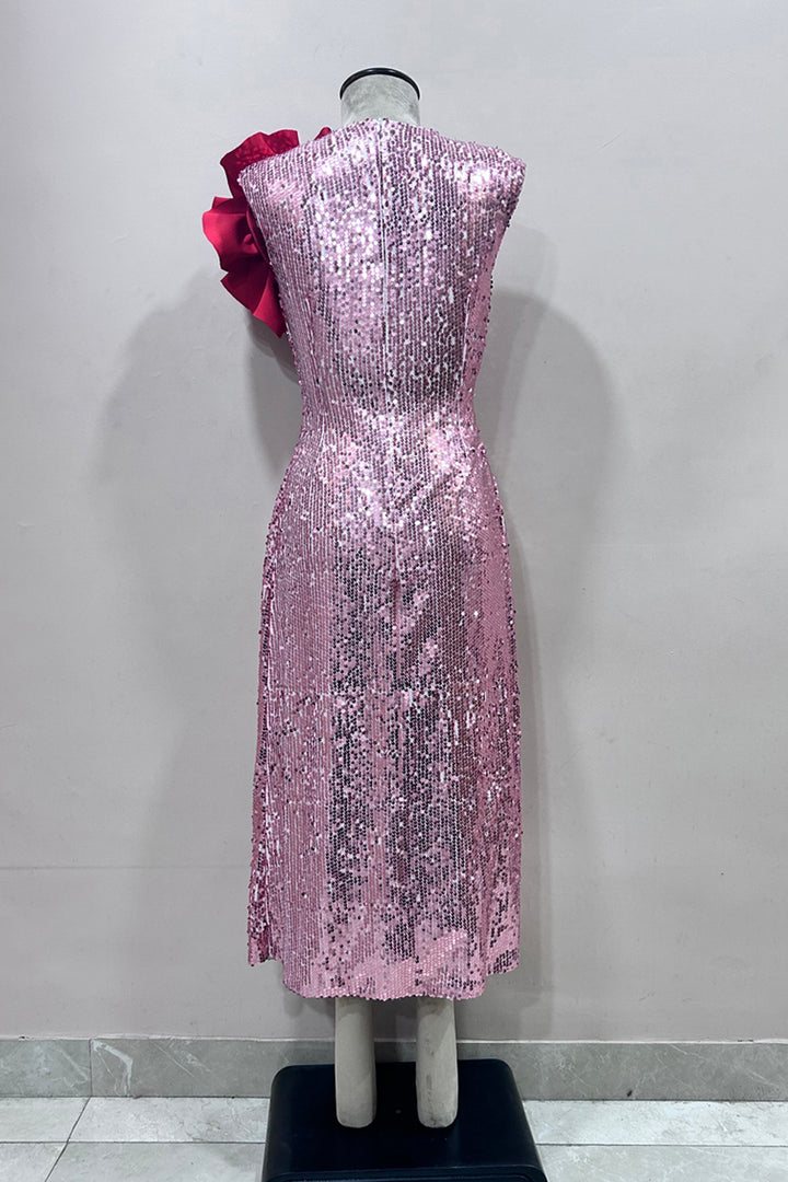 Pink Sequin Midi Dress with 3D flower