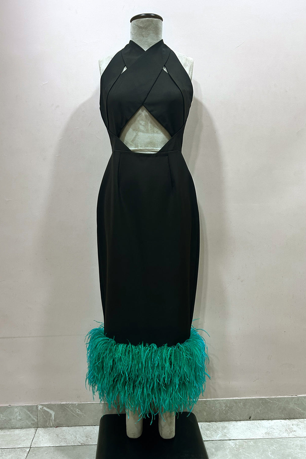Black Cut Out Midi With Green Feather