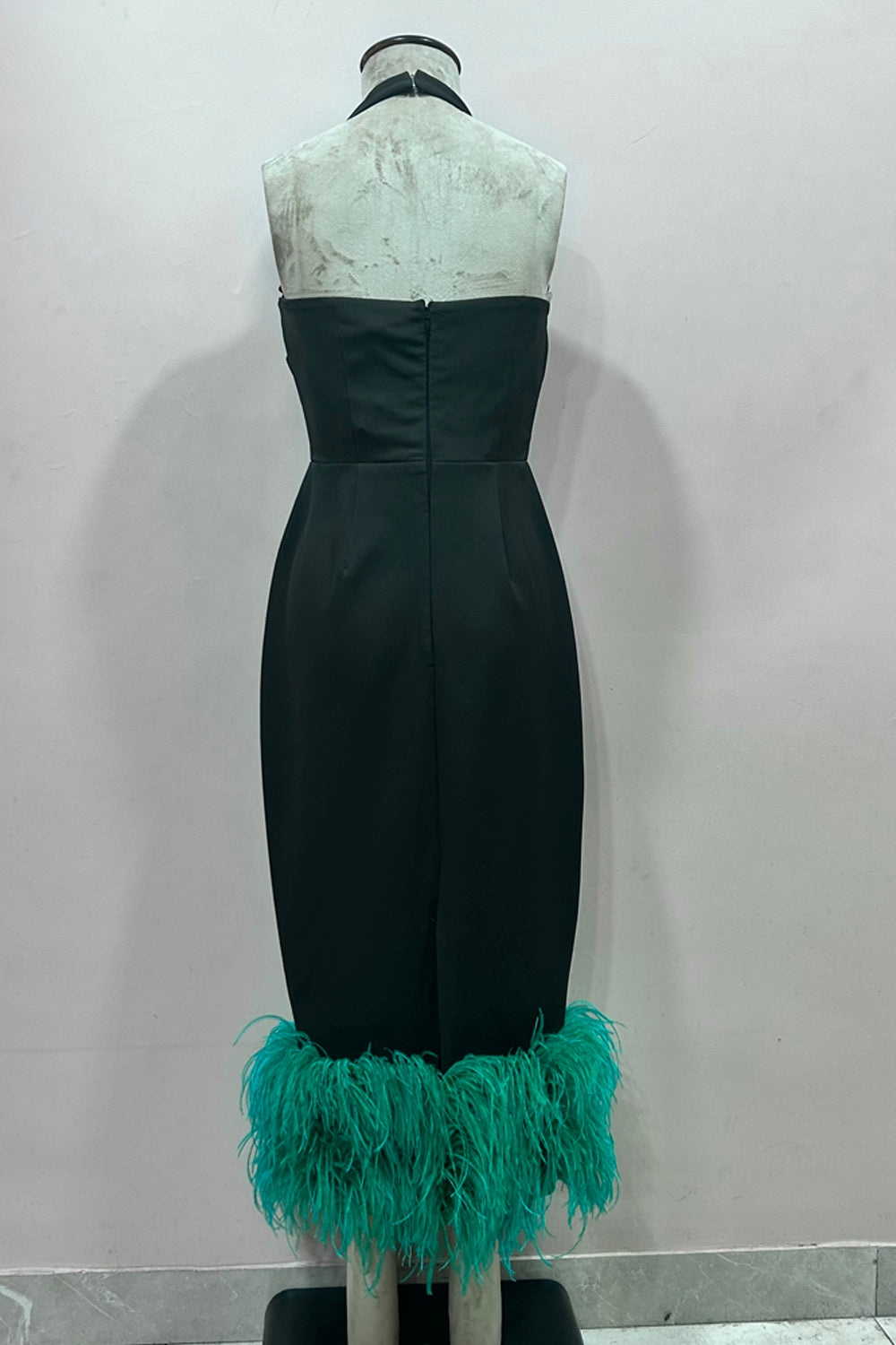 Black Cut Out Midi With Green Feather