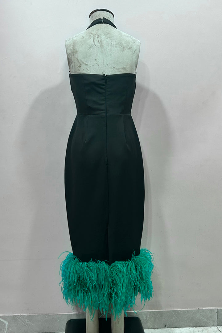 Black Cut Out Midi With Green Feather