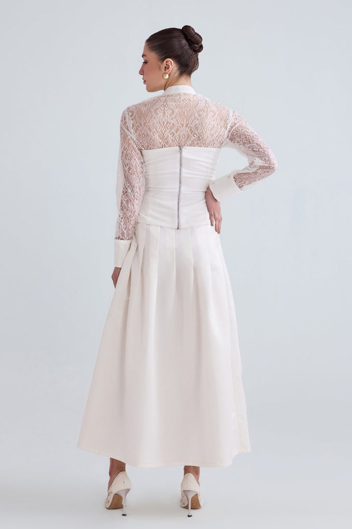 Afra White Lace Shirt, Top and Satin Skirt Set - Zabella