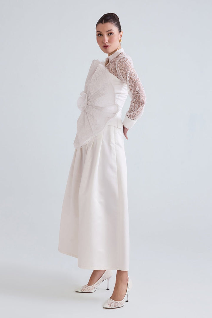 Afra White Lace Shirt, Top and Satin Skirt Set - Zabella