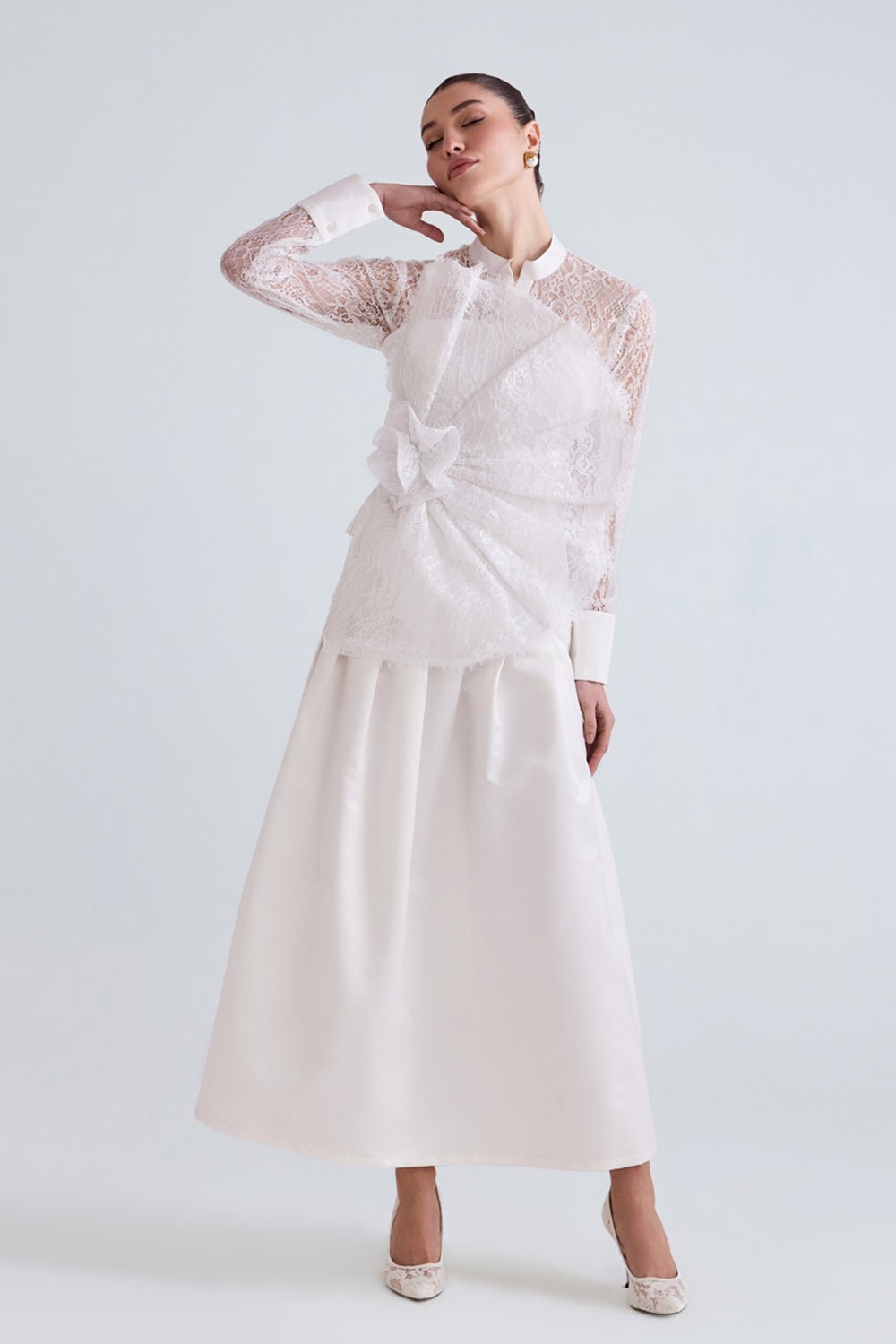 Afra White Lace Shirt, Top and Satin Skirt Set - Zabella