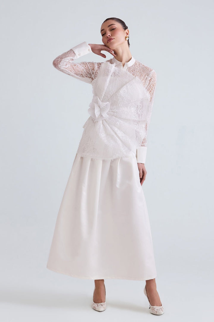 Afra White Lace Shirt, Top and Satin Skirt Set - Zabella