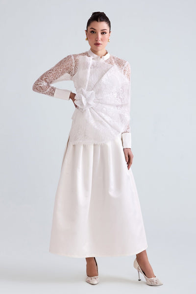 Afra White Lace Shirt, Top and Satin Skirt Set - Zabella