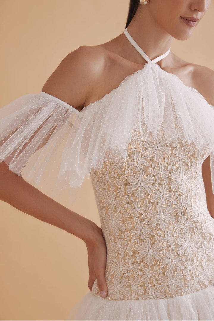 Alessandro White Lace Halter Mini Dress - Zabella