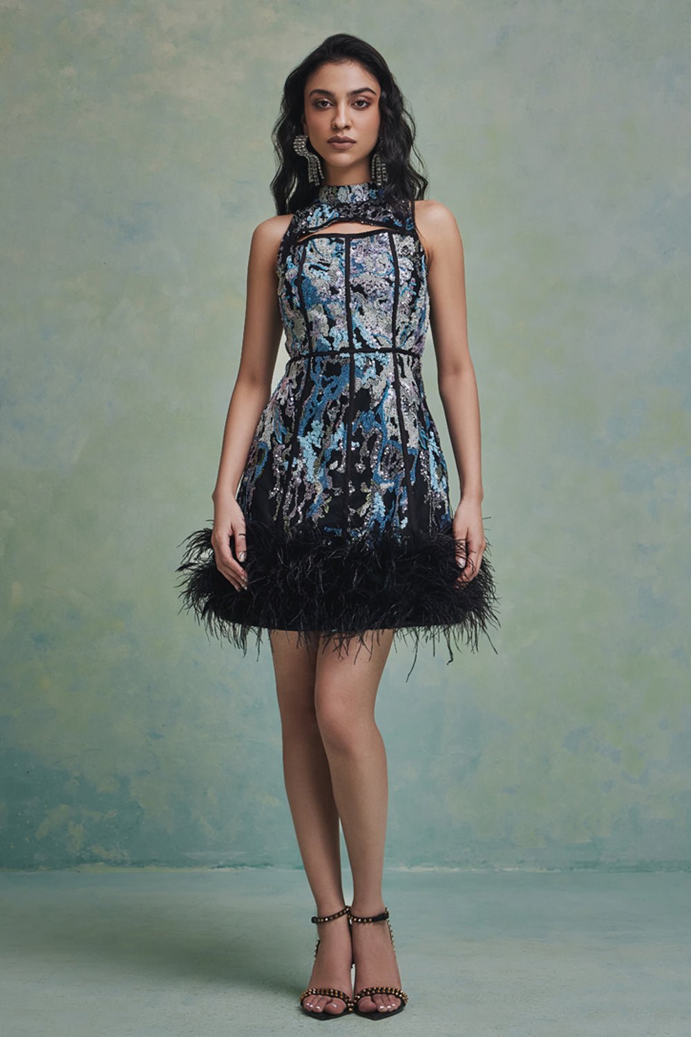 Ana Sequin Feather Mini Dress - Zabella