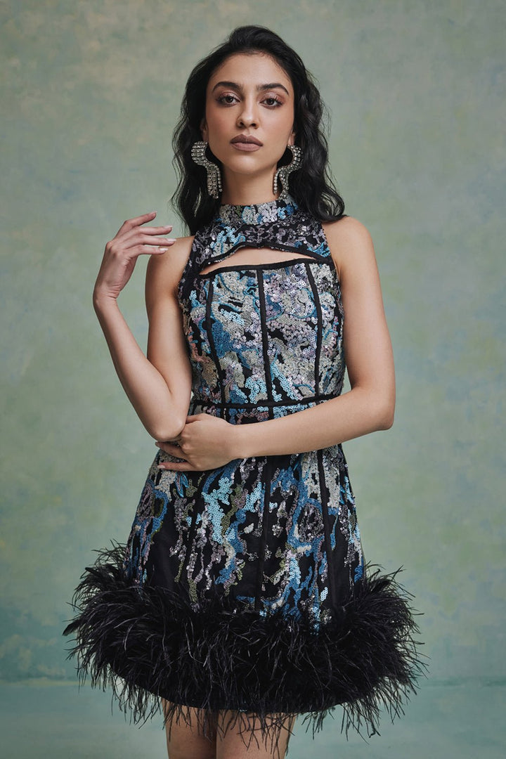 Ana Sequin Feather Mini Dress - Zabella