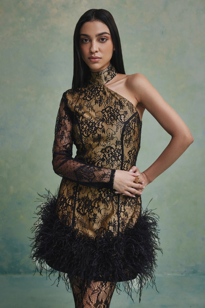 Bella One Shoulder Feather Mini Dress - Zabella