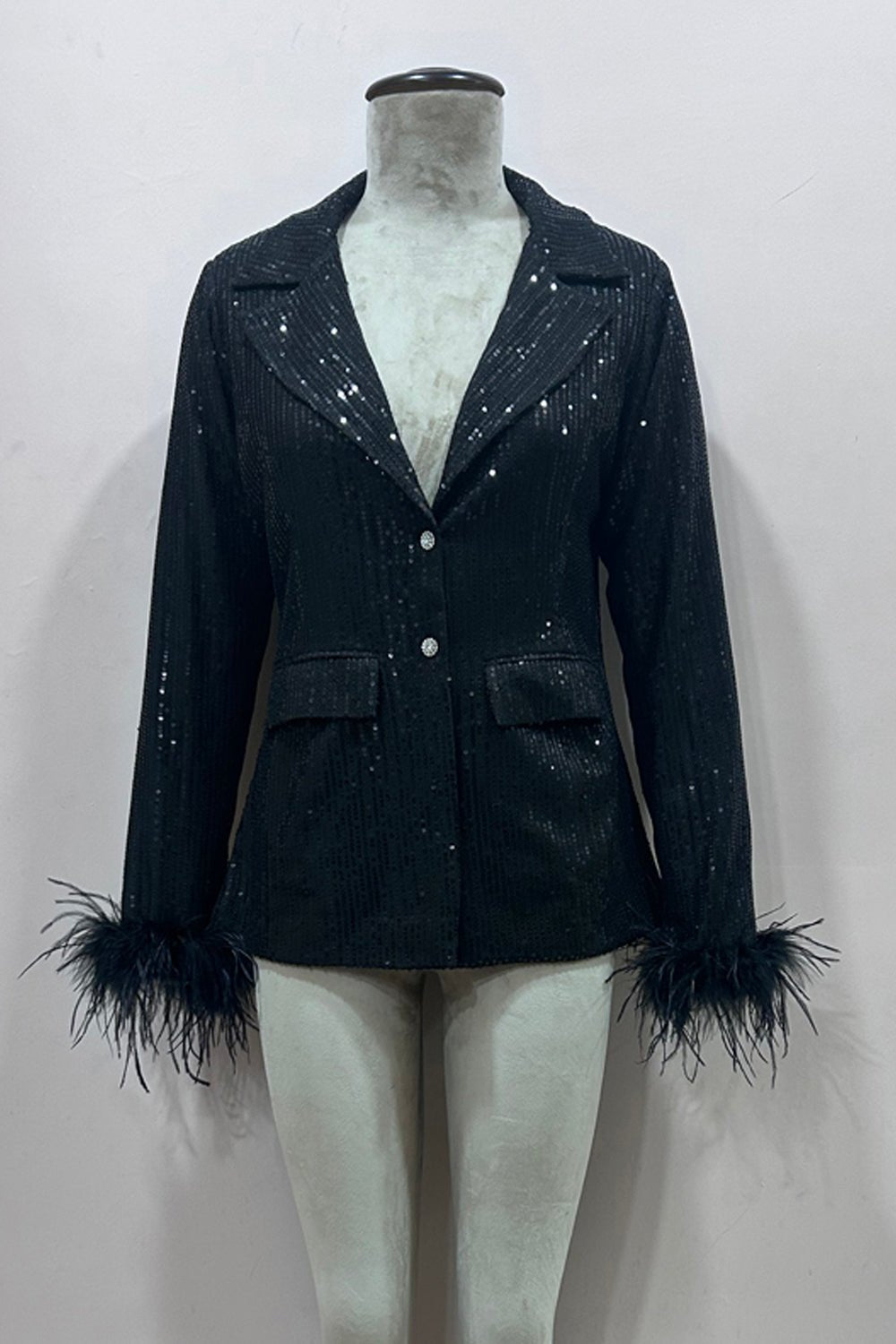 Black Sequin Blazer With Feather - Zabella