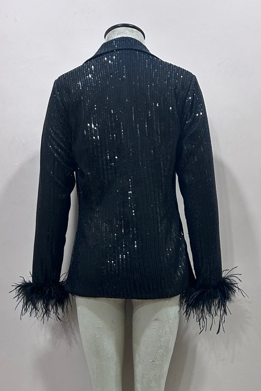 Black Sequin Blazer With Feather - Zabella