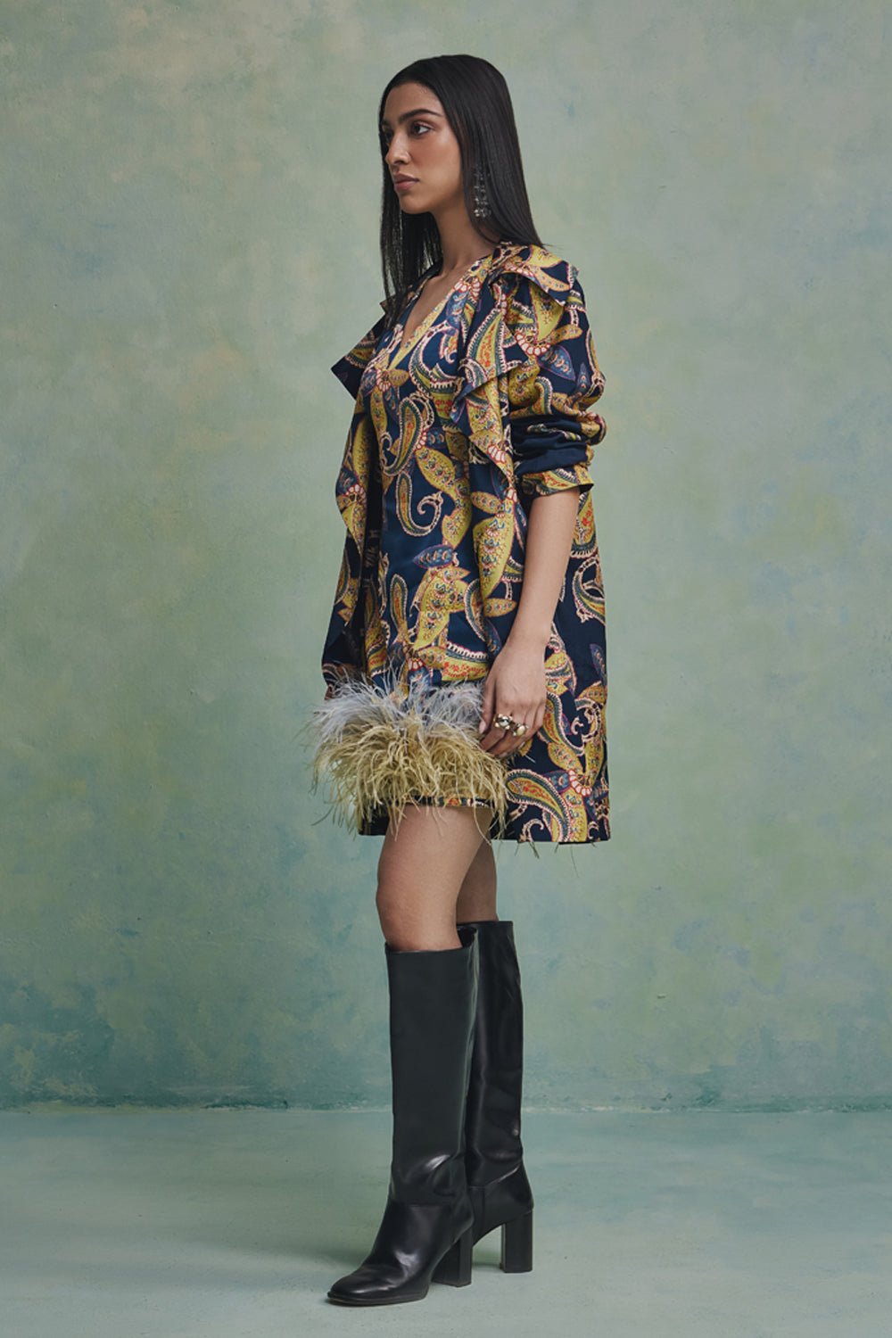 Blue Baroque Feather Dress With Jacket - Zabella