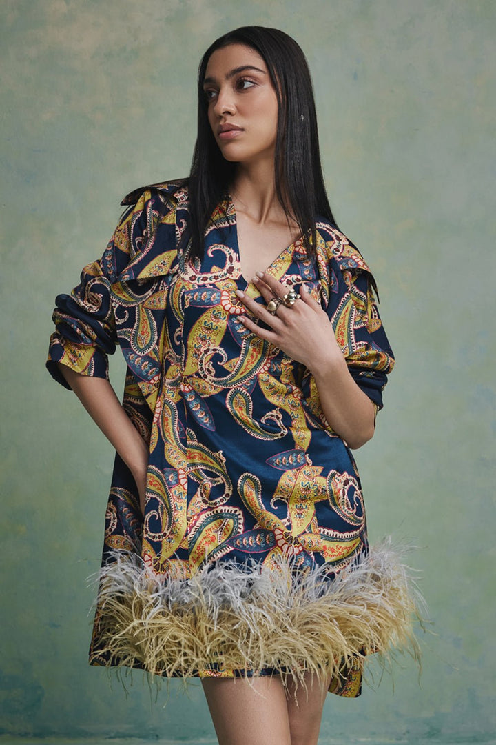 Blue Baroque Feather Dress With Jacket - Zabella