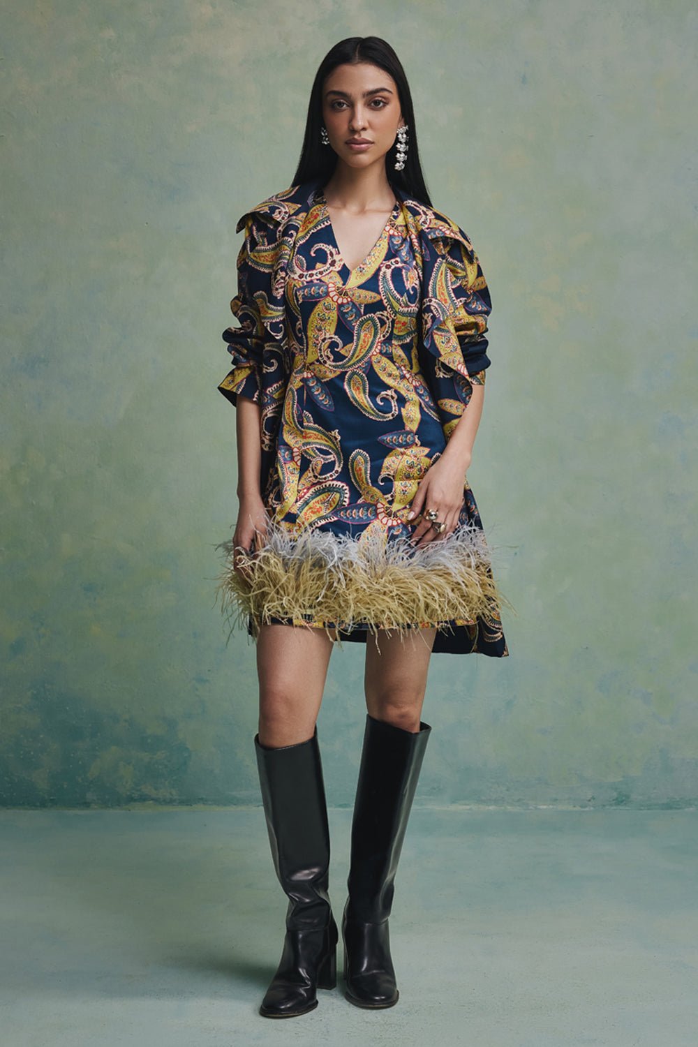 Blue Baroque Feather Dress With Jacket - Zabella