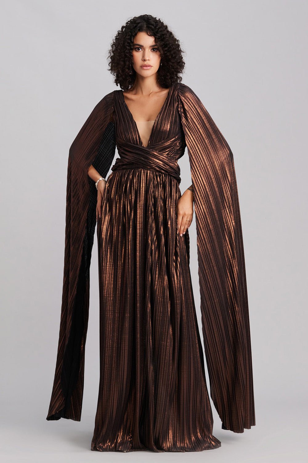 Bronze Metallic Cape Maxi Dress - Zabella