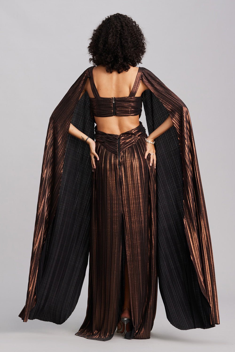 Bronze Metallic Cape Maxi Dress - Zabella