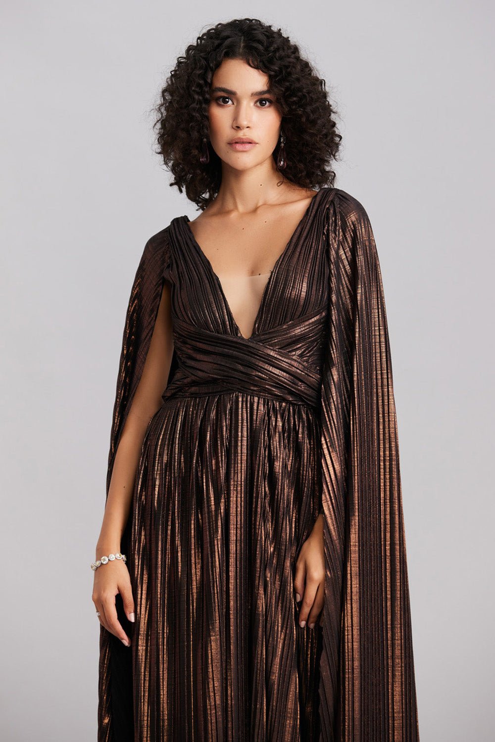 Bronze Metallic Cape Maxi Dress - Zabella