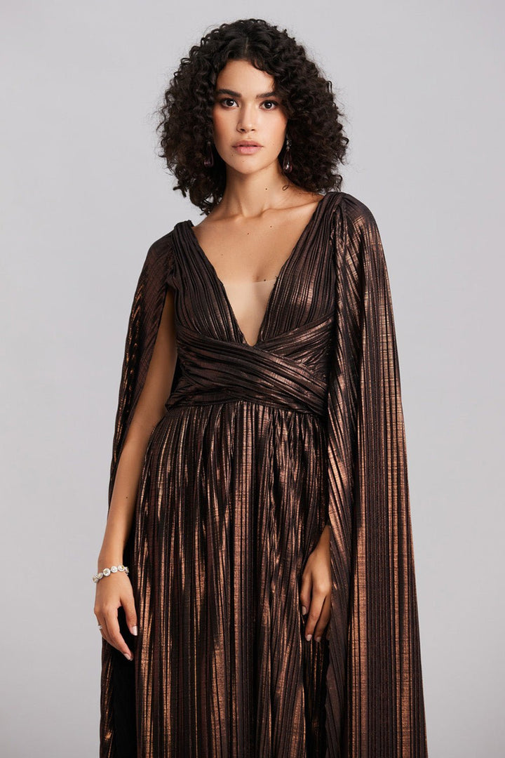 Bronze Metallic Cape Maxi Dress - Zabella