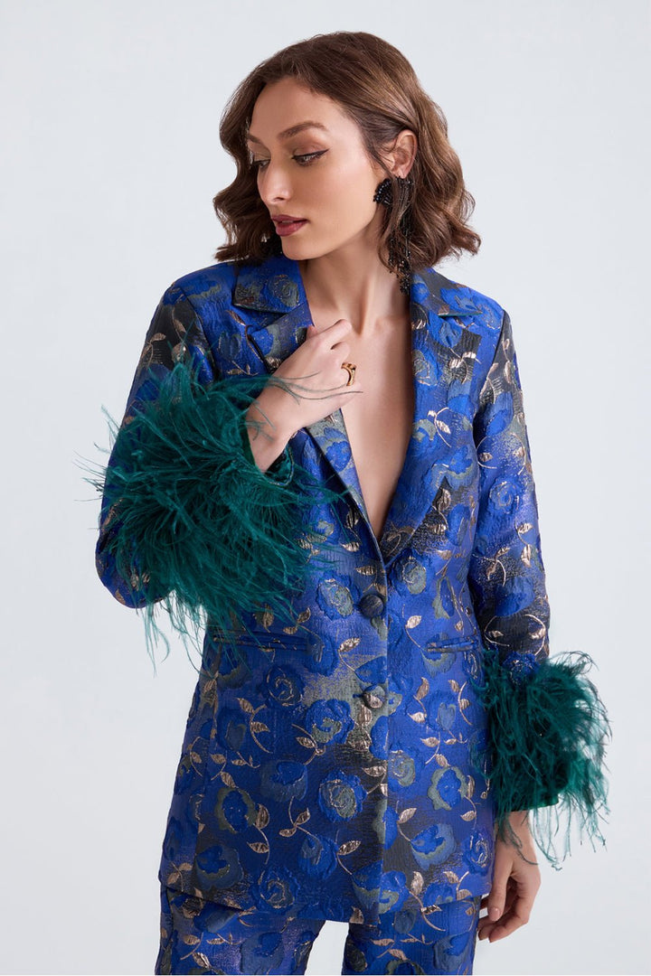 Cyra Jacquard Feather Pantsuit - Zabella