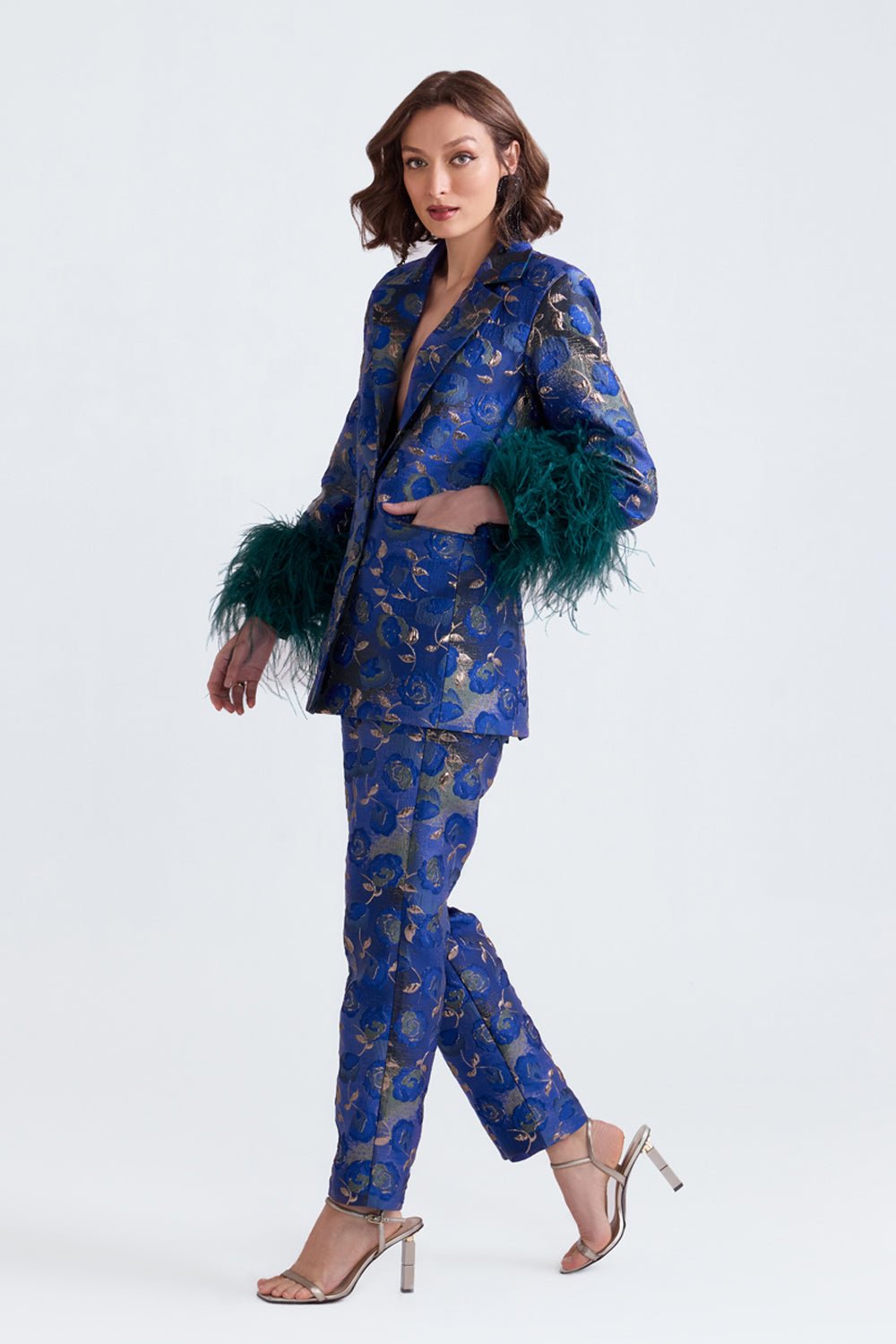 Cyra Jacquard Feather Pantsuit - Zabella