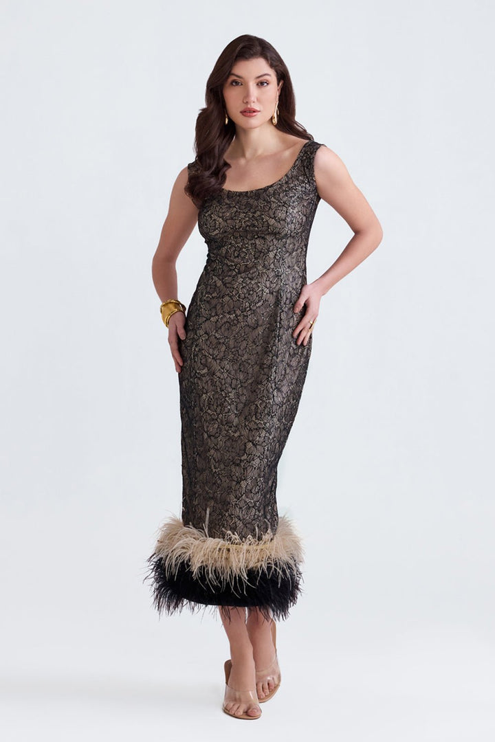 Dalia Black Lace Feather Midi - Zabella