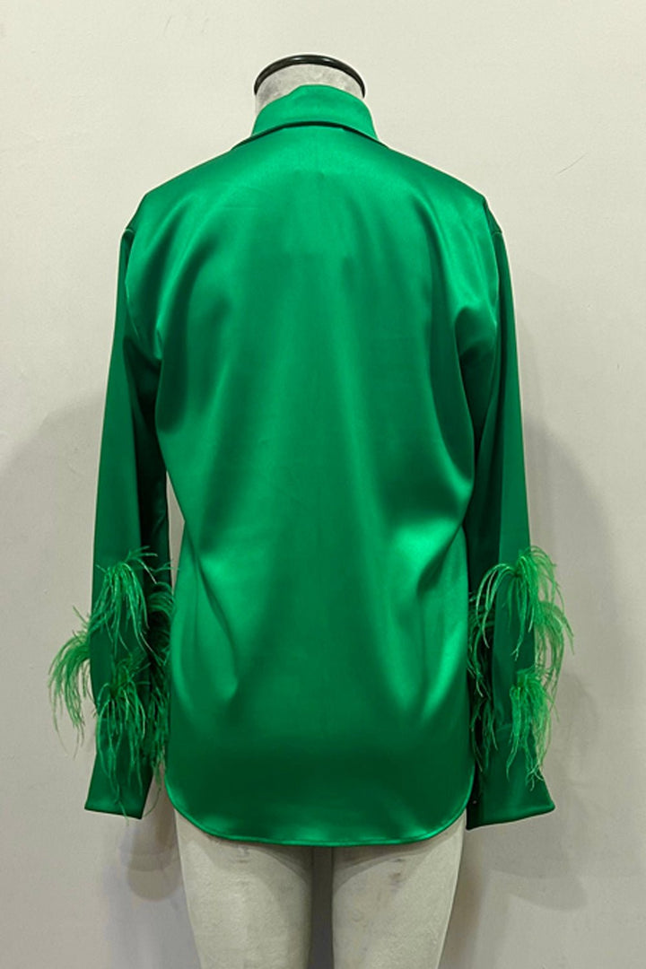 Green Satin Shirt with Feather - Zabella