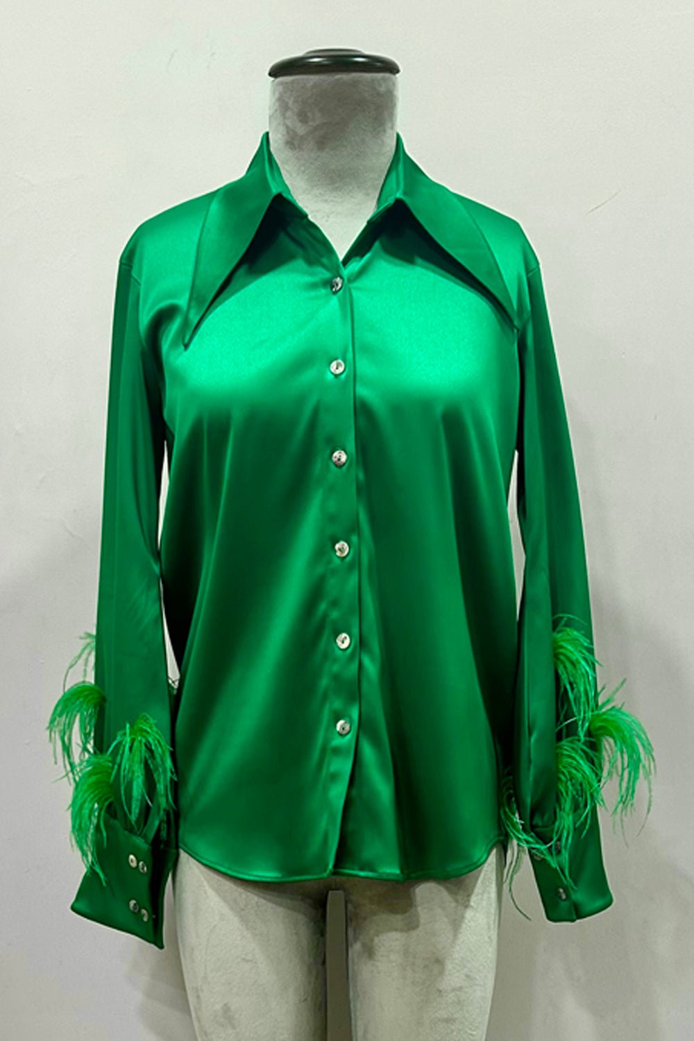 Green Satin Shirt with Feather - Zabella