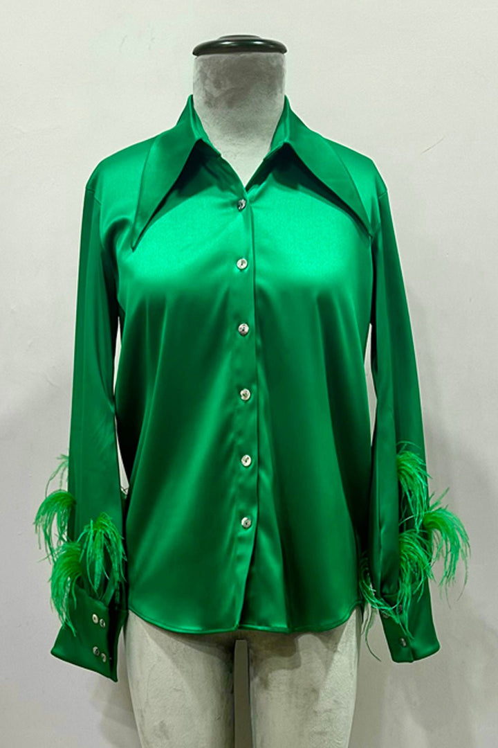 Green Satin Shirt with Feather - Zabella