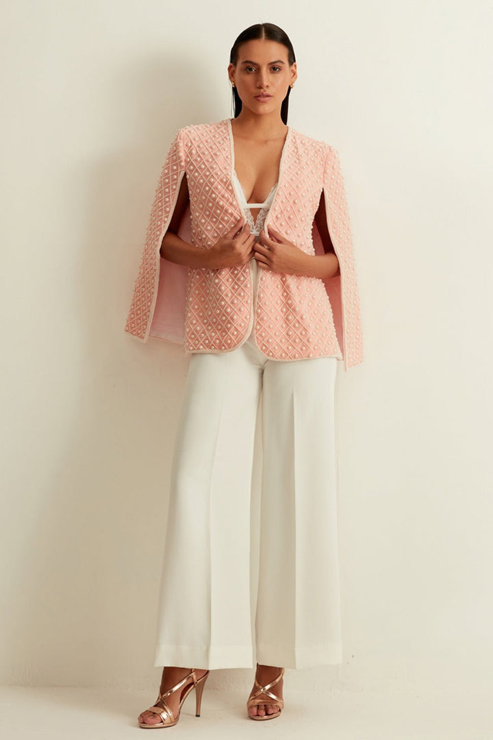 Kusha Kapila In Our Pale Pink Pearl Embellished Cape - Zabella