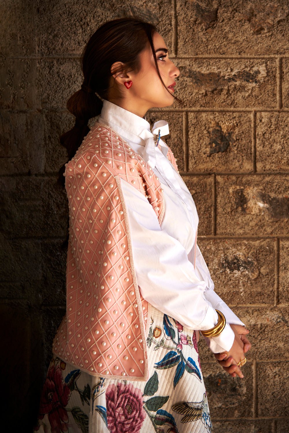 Kusha Kapila In Our Pale Pink Pearl Embellished Cape - Zabella