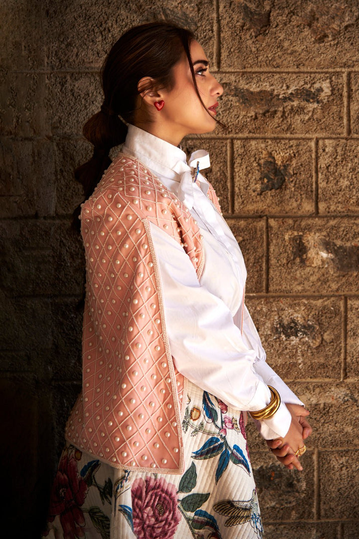 Kusha Kapila In Our Pale Pink Pearl Embellished Cape - Zabella
