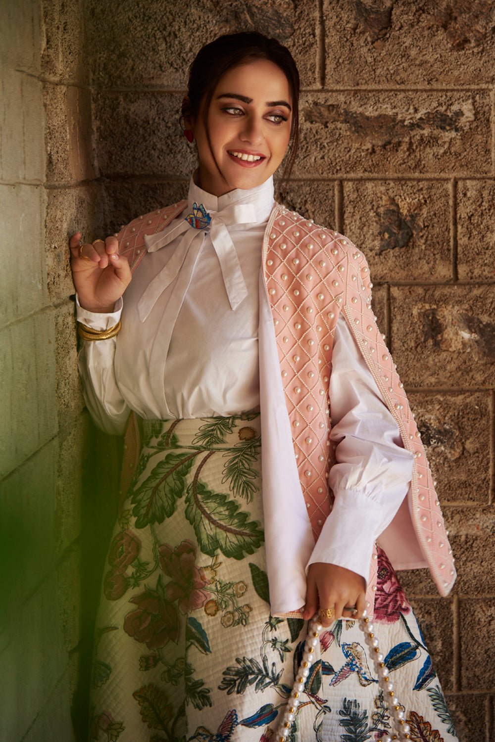 Kusha Kapila In Our Pale Pink Pearl Embellished Cape - Zabella