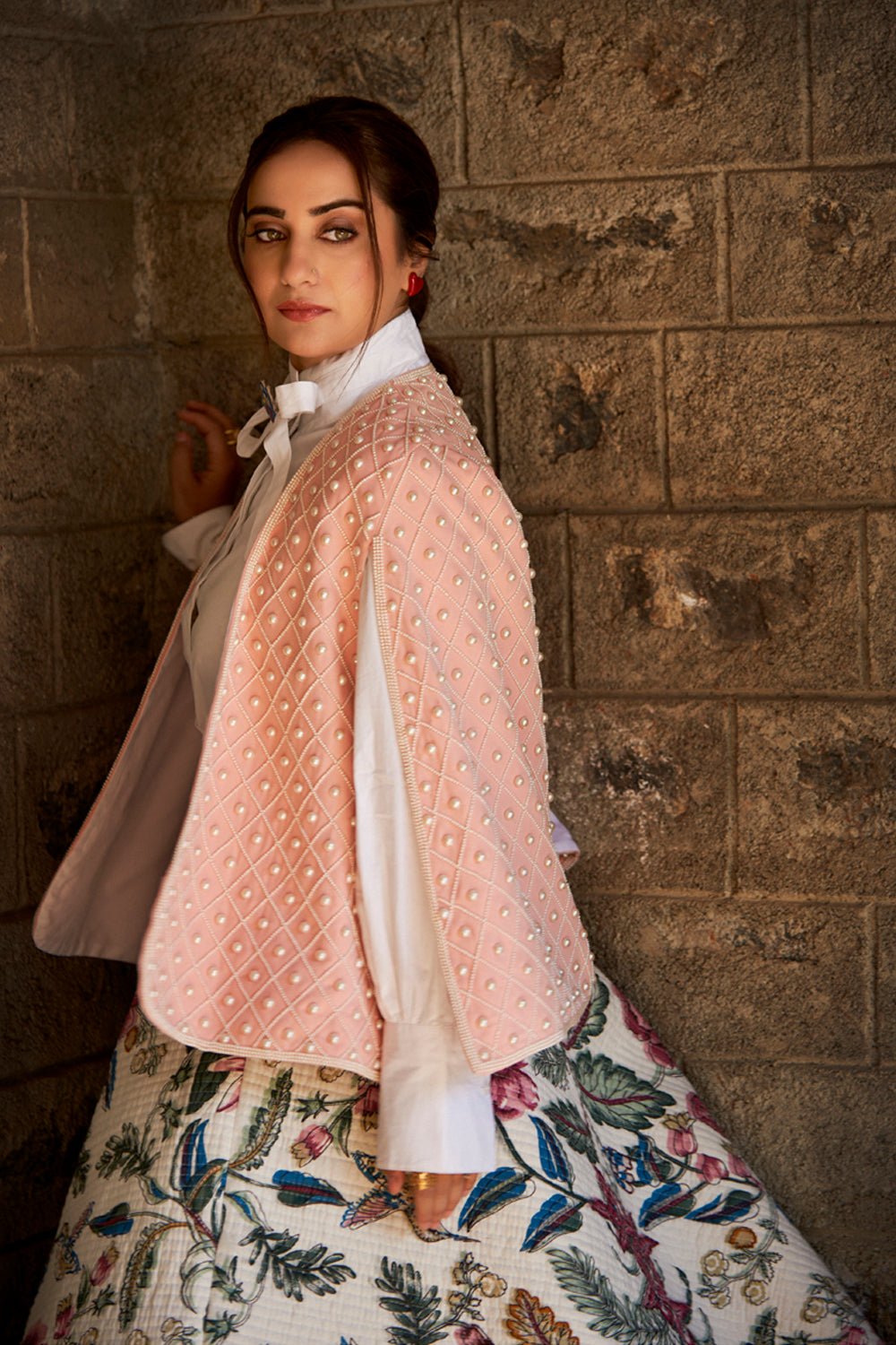Kusha Kapila In Our Pale Pink Pearl Embellished Cape - Zabella