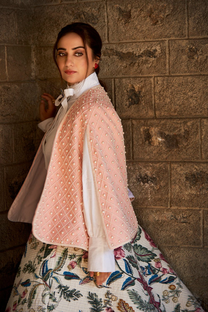 Kusha Kapila In Our Pale Pink Pearl Embellished Cape - Zabella