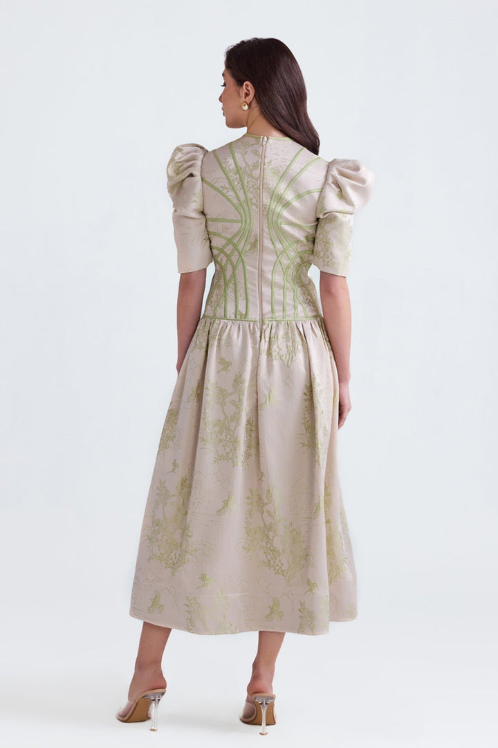 Lila Green Jacquard Flared Midi - Zabella