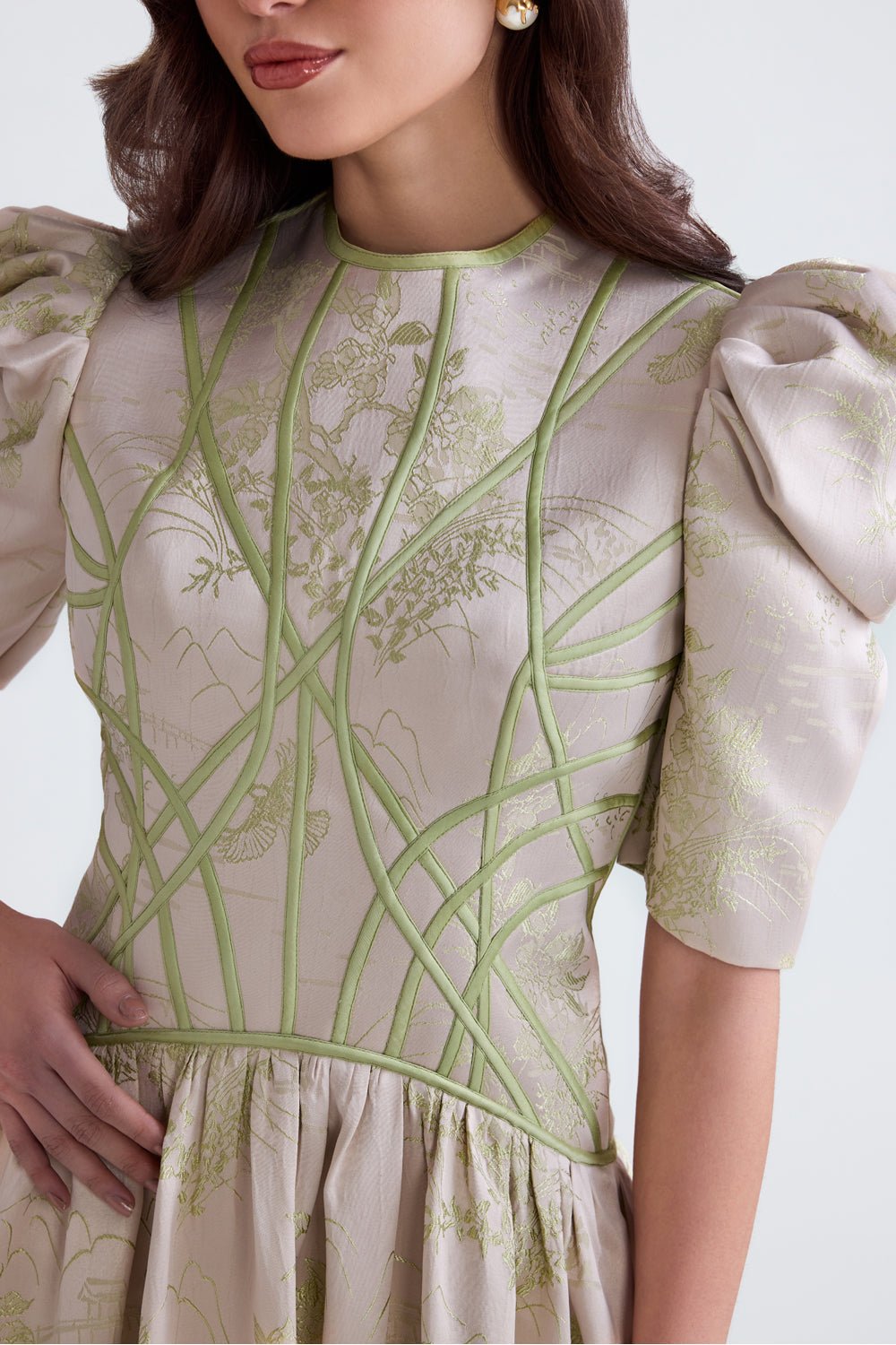 Lila Green Jacquard Flared Midi - Zabella