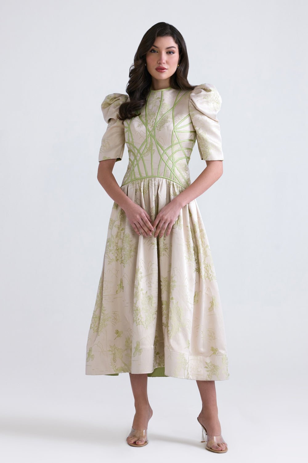 Lila Green Jacquard Flared Midi - Zabella