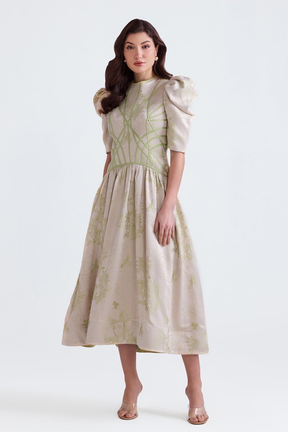 Lila Green Jacquard Flared Midi - Zabella