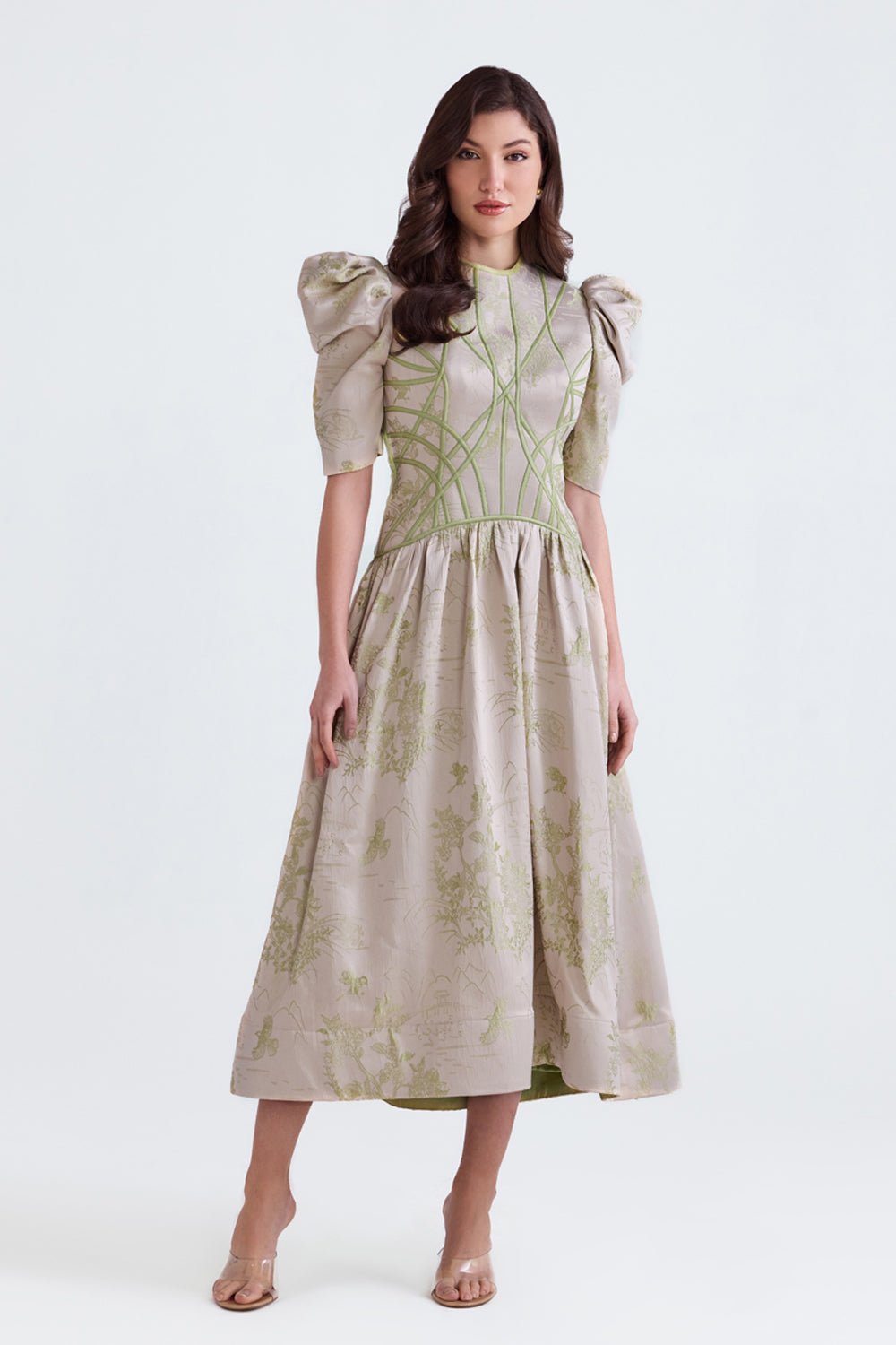 Lila Green Jacquard Flared Midi - Zabella